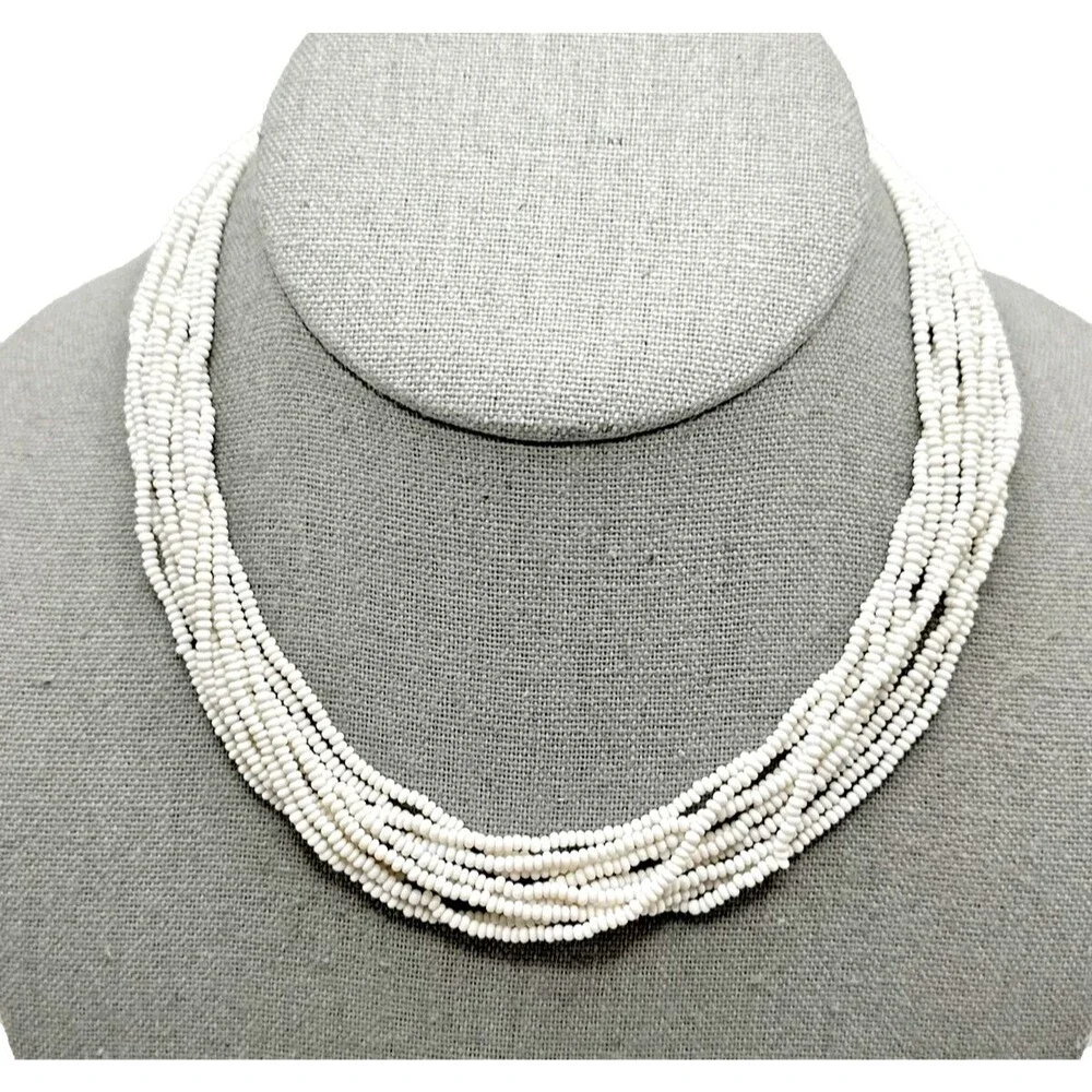 Vintage White Seed Bead Choker Necklace Multi Strand Statement Box Clasp 16